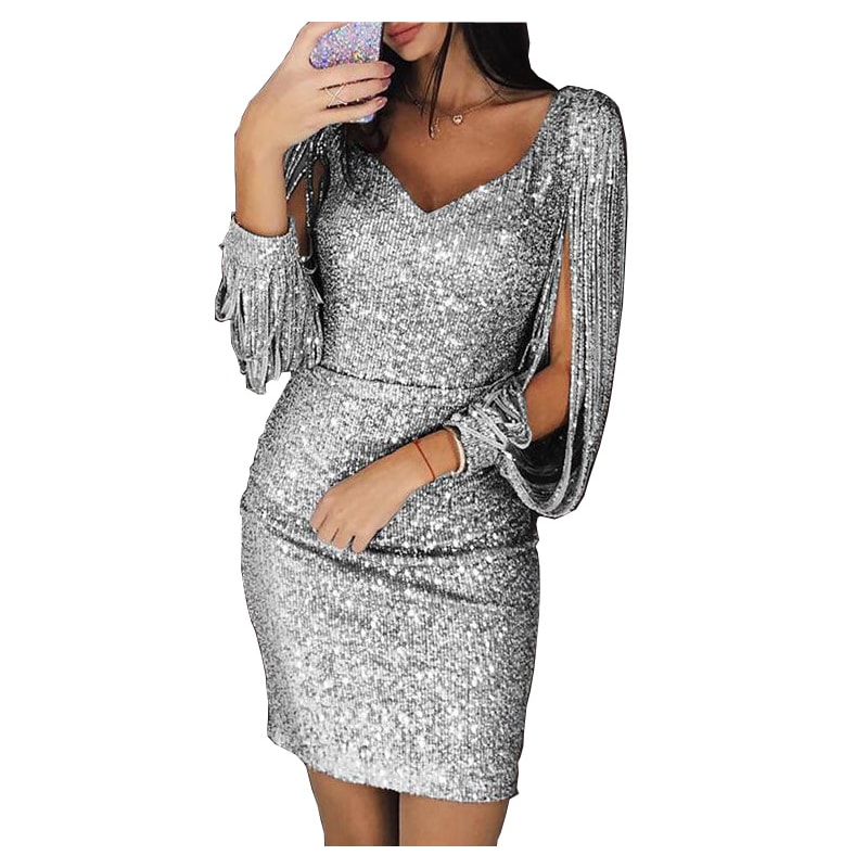 Ruched Bodycon Sparkly Long Sleeve Sequin Mini Dresses, Plus Size Dresses for Women Elegant, Glitter Cocktail Party Dres
