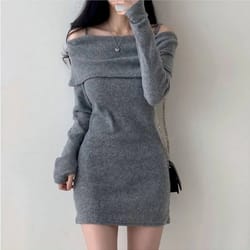 chic korean knitted mini dress with full sleeve one word collar, slim fit ribbed