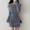 Chic Korean Knitted Mini Dress with Full Sleeve One Word Collar, Slim Fit Ribbed