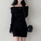Chic Korean Knitted Mini Dress with Full Sleeve One Word Collar, Slim Fit Ribbed