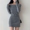Chic Korean Knitted Mini Dress with Full Sleeve One Word Collar, Slim Fit Ribbed