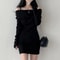 Chic Korean Knitted Mini Dress with Full Sleeve One Word Collar, Slim Fit Ribbed