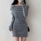 Chic Korean Knitted Mini Dress with Full Sleeve One Word Collar, Slim Fit Ribbed