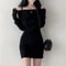 Chic Korean Knitted Mini Dress with Full Sleeve One Word Collar, Slim Fit Ribbed