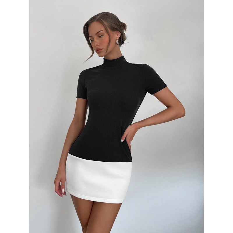 Half High Neck Short Dress, Spring and Summer Color Matching Slim Fit, Short Sleeve All-Commute Dress