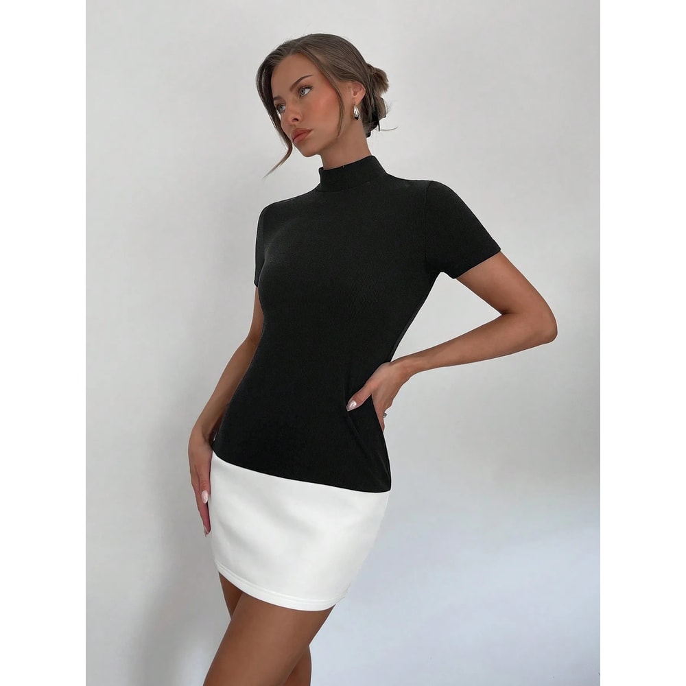 Half High Neck Short Dress, Spring and Summer Color Matching Slim Fit, Short Sleeve All-Commute Dress