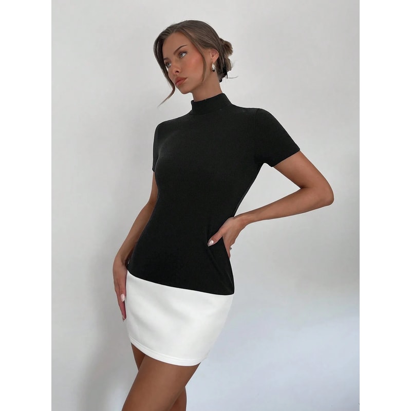 Half High Neck Short Dress, Spring and Summer Color Matching Slim Fit, Short Sleeve All-Commute Dress