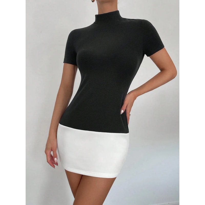 Half High Neck Short Dress, Spring and Summer Color Matching Slim Fit, Short Sleeve All-Commute Dress