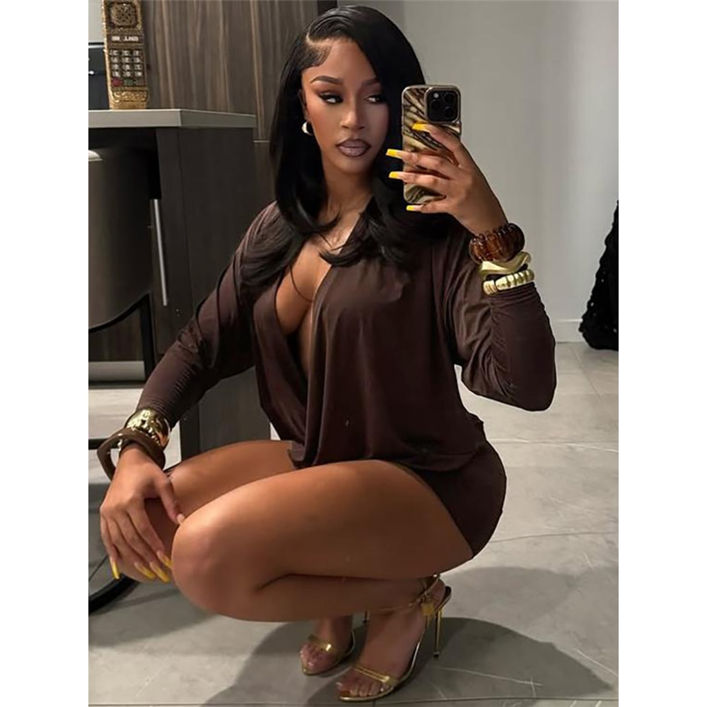 Sisterlinda Women's Elegant Deep V-Neck Mini Dress, Full Sleeve Skinny Peach Hip, Sexy Fashion Bodycon for Midnight Club