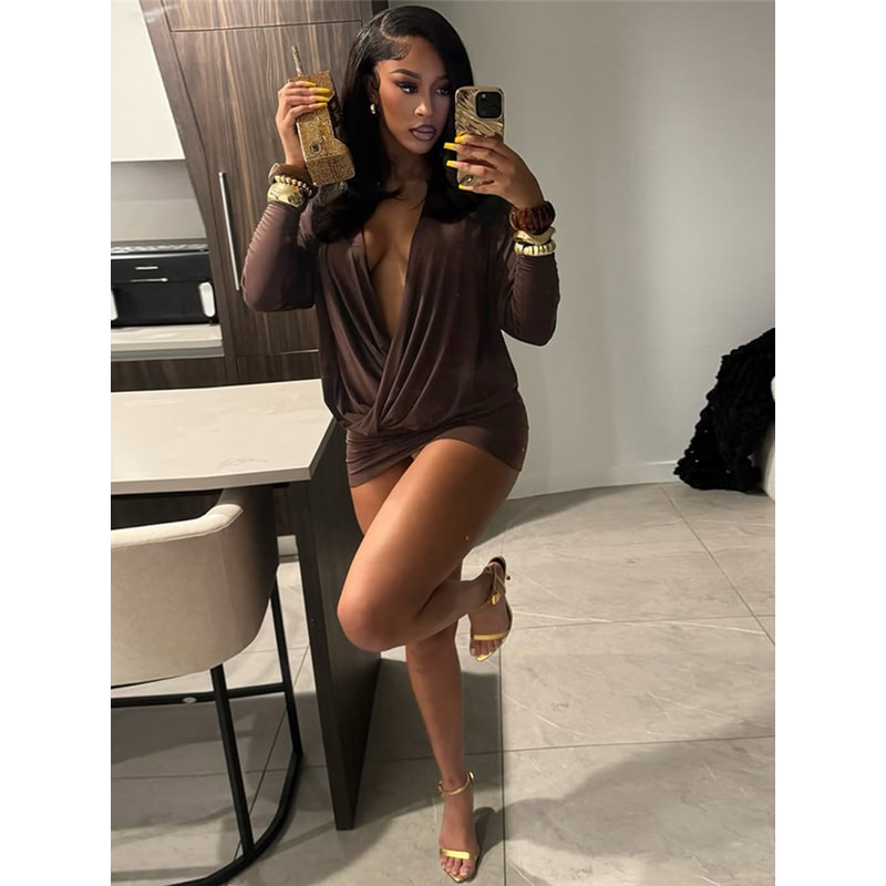 Sisterlinda Women's Elegant Deep V-Neck Mini Dress, Full Sleeve Skinny Peach Hip, Sexy Fashion Bodycon for Midnight Club