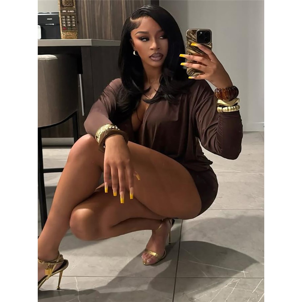 Sisterlinda Women's Elegant Deep V-Neck Mini Dress, Full Sleeve Skinny Peach Hip, Sexy Fashion Bodycon for Midnight Club