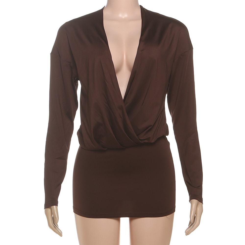 Sisterlinda Women's Elegant Deep V-Neck Mini Dress, Full Sleeve Skinny Peach Hip, Sexy Fashion Bodycon for Midnight Club