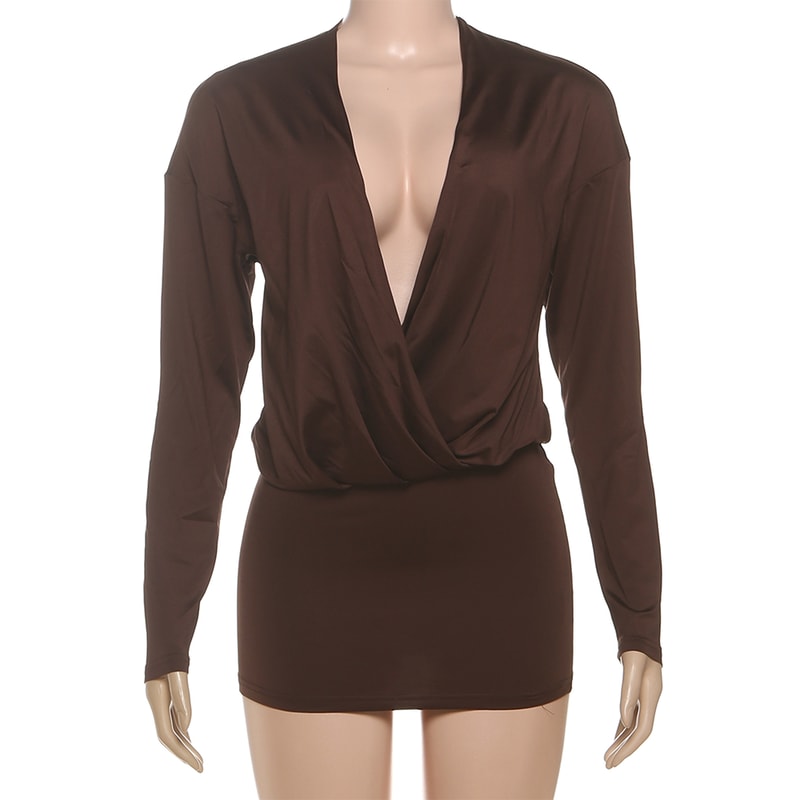 Sisterlinda Women's Elegant Deep V-Neck Mini Dress, Full Sleeve Skinny Peach Hip, Sexy Fashion Bodycon for Midnight Club