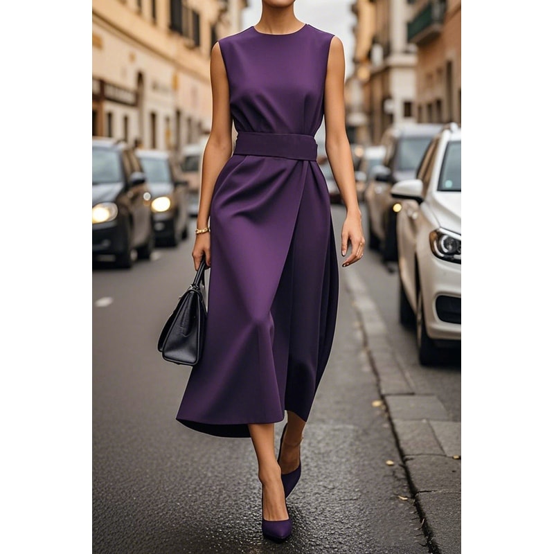 Fashion Casual Long Dress, Female Sleeveles O-neck, Solid Color Waist-closing Women Dresses, Elegant Office Ladies Dress