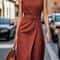 Fashion Casual Long Dress, Female Sleeveles O-neck, Solid Color Waist-closing Women Dresses, Elegant Office Ladies Dress