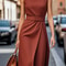 Fashion Casual Long Dress, Female Sleeveles O-neck, Solid Color Waist-closing Women Dresses, Elegant Office Ladies Dress