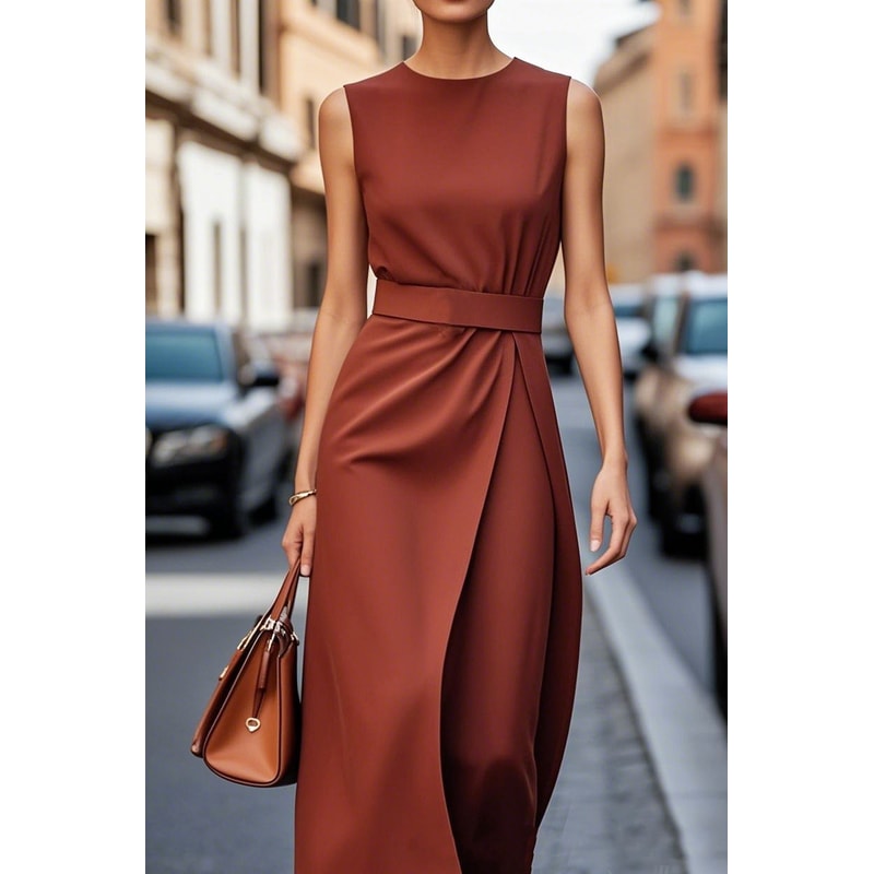 Fashion Casual Long Dress, Female Sleeveles O-neck, Solid Color Waist-closing Women Dresses, Elegant Office Ladies Dress