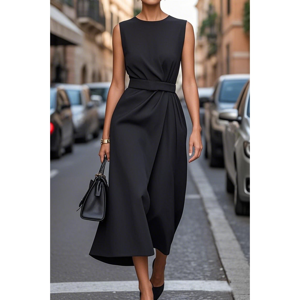 Fashion Casual Long Dress, Female Sleeveles O-neck, Solid Color Waist-closing Women Dresses, Elegant Office Ladies Dress