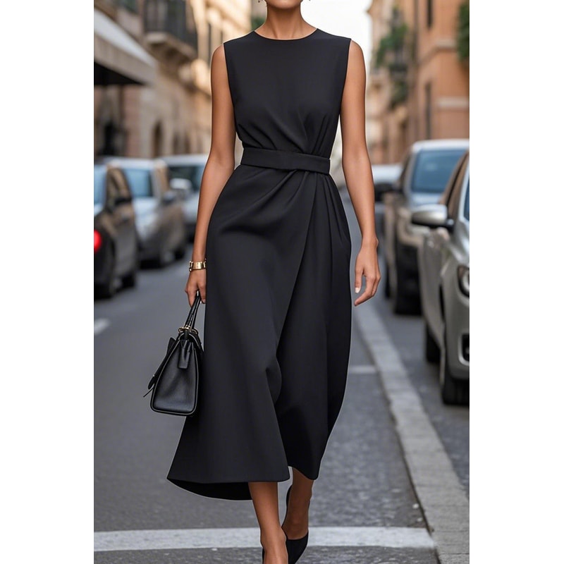 Fashion Casual Long Dress, Female Sleeveles O-neck, Solid Color Waist-closing Women Dresses, Elegant Office Ladies Dress