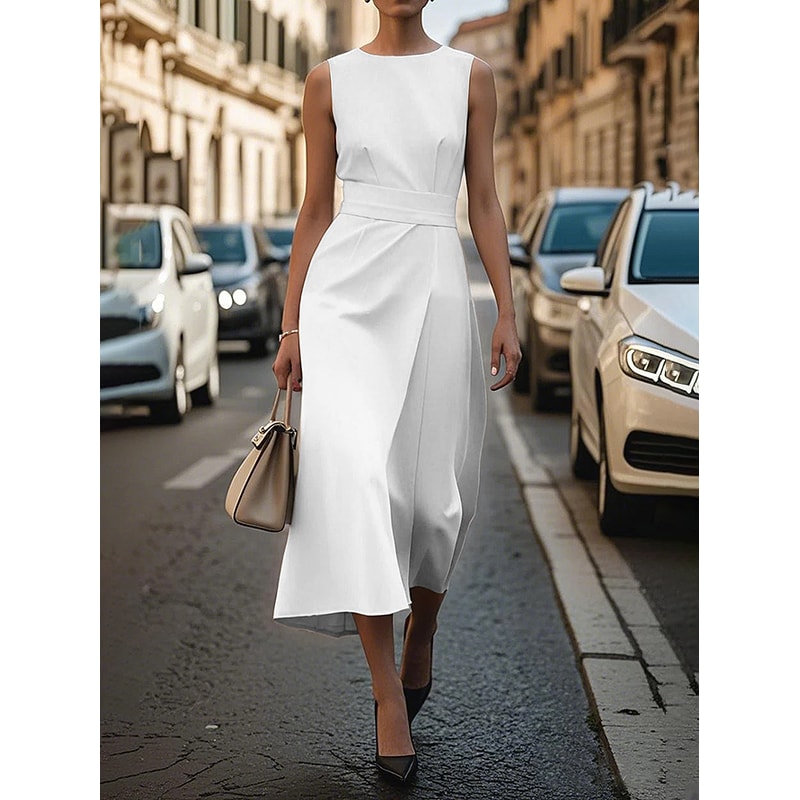 Fashion Casual Long Dress, Female Sleeveles O-neck, Solid Color Waist-closing Women Dresses, Elegant Office Ladies Dress