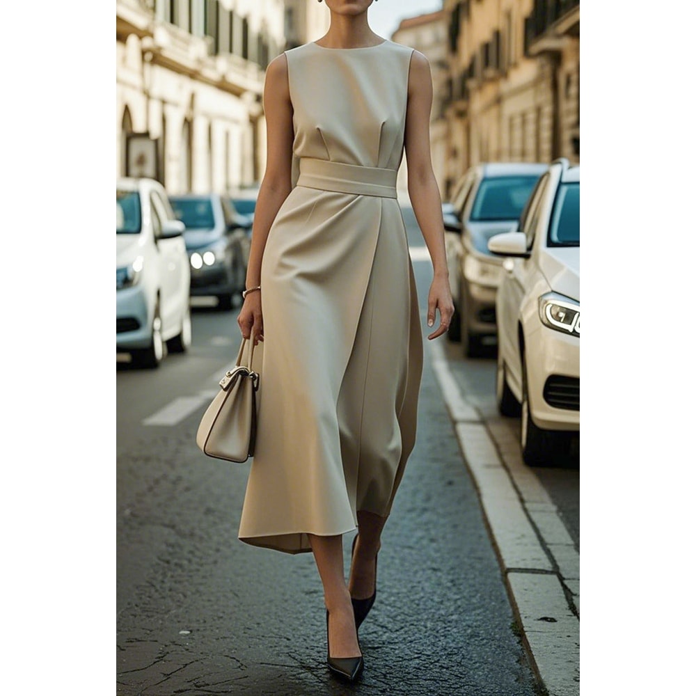 Fashion Casual Long Dress, Female Sleeveles O-neck, Solid Color Waist-closing Women Dresses, Elegant Office Ladies Dress