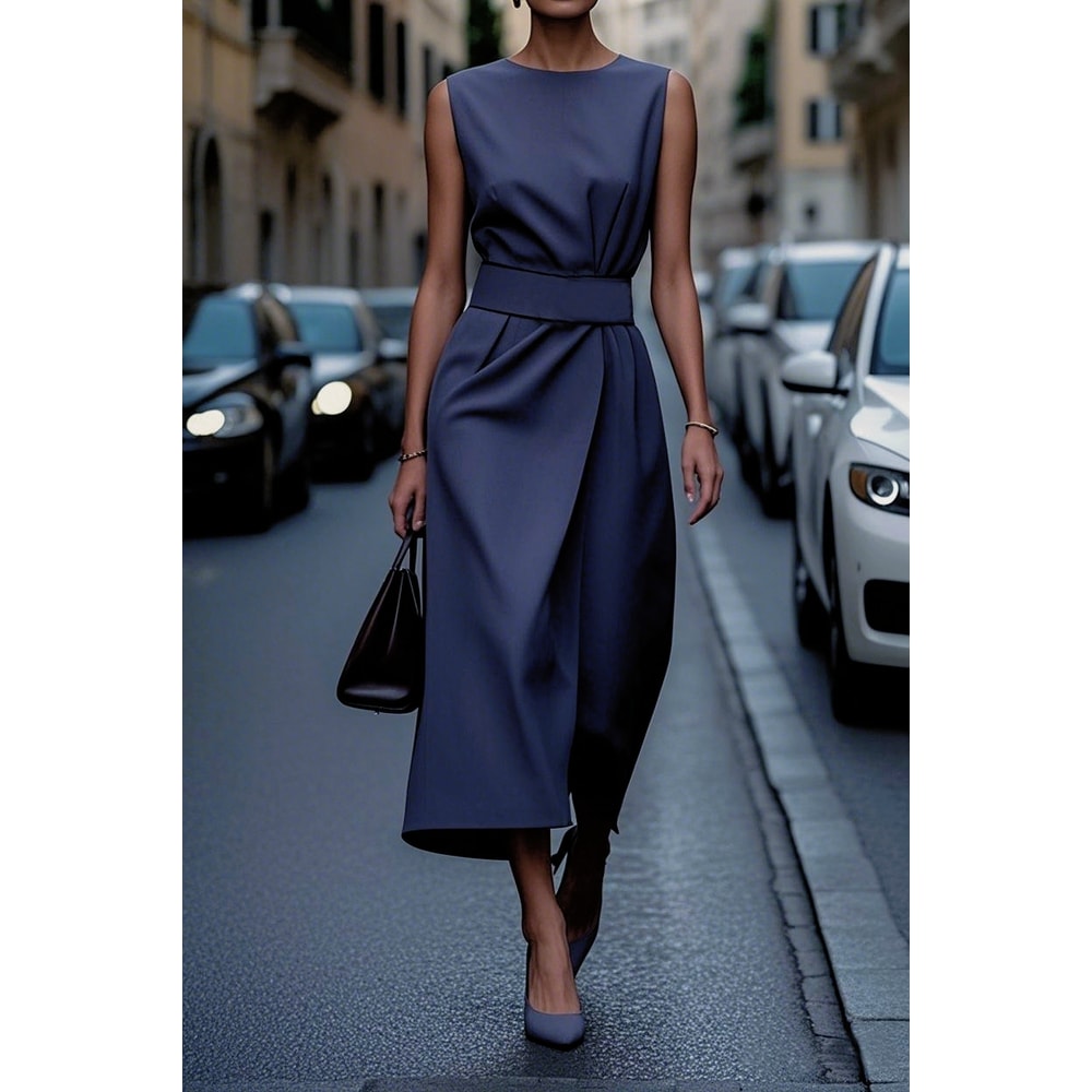 Fashion Casual Long Dress, Female Sleeveles O-neck, Solid Color Waist-closing Women Dresses, Elegant Office Ladies Dress