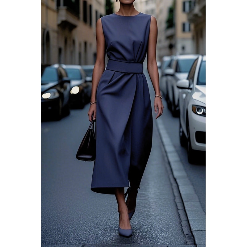 Fashion Casual Long Dress, Female Sleeveles O-neck, Solid Color Waist-closing Women Dresses, Elegant Office Ladies Dress