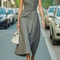 Fashion Casual Long Dress, Female Sleeveles O-neck, Solid Color Waist-closing Women Dresses, Elegant Office Ladies Dress