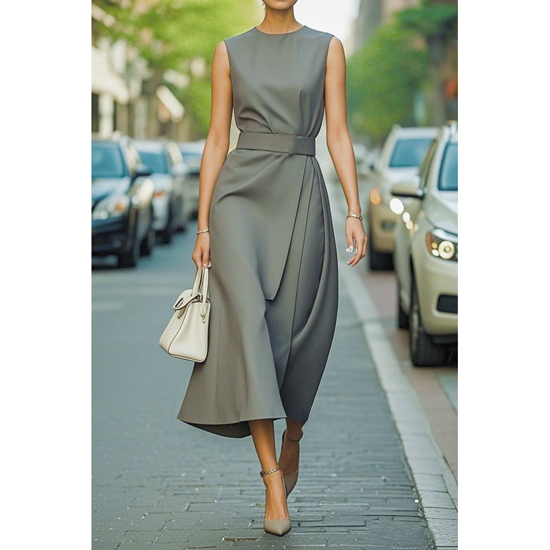 Fashion Casual Long Dress, Female Sleeveles O-neck, Solid Color Waist-closing Women Dresses, Elegant Office Ladies Dress