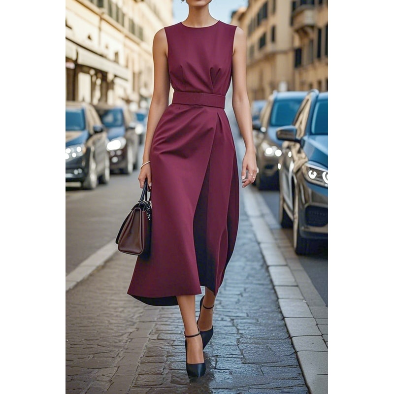 Fashion Casual Long Dress, Female Sleeveles O-neck, Solid Color Waist-closing Women Dresses, Elegant Office Ladies Dress