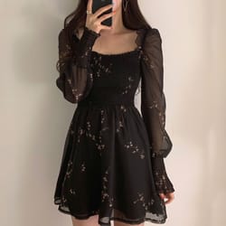 women sexy black chiffon dress, spring vintage flower dress, long puff sleeve dresses, korean casual mini vestidos
