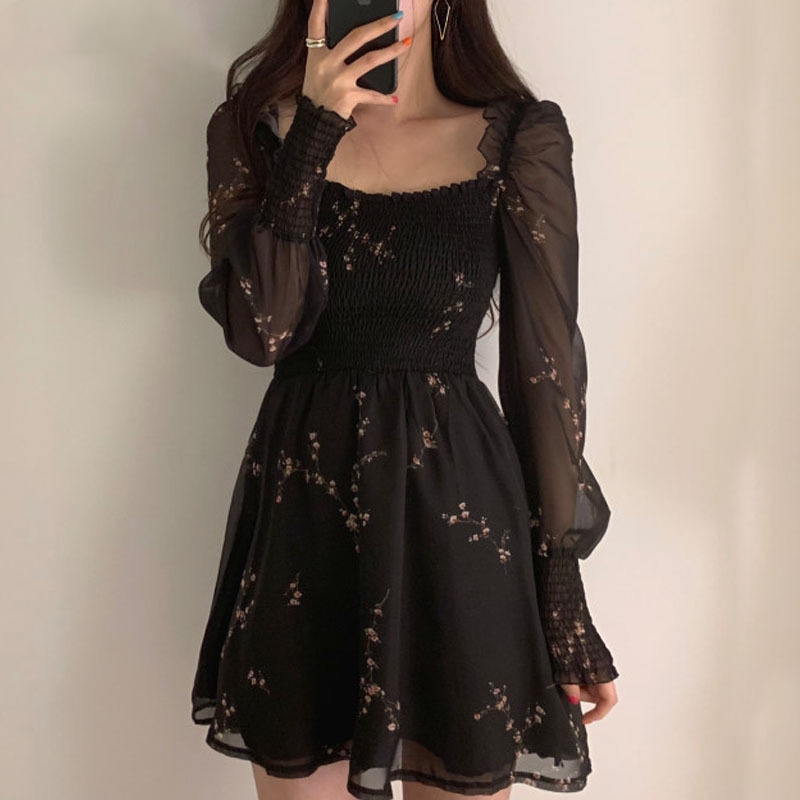 Women Sexy Black Chiffon Dress, Spring Vintage Flower Dress, Long Puff Sleeve Dresses, Korean Casual Mini Vestidos