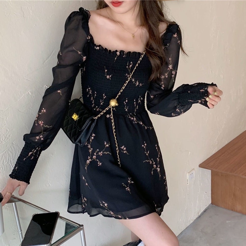 Women Sexy Black Chiffon Dress, Spring Vintage Flower Dress, Long Puff Sleeve Dresses, Korean Casual Mini Vestidos