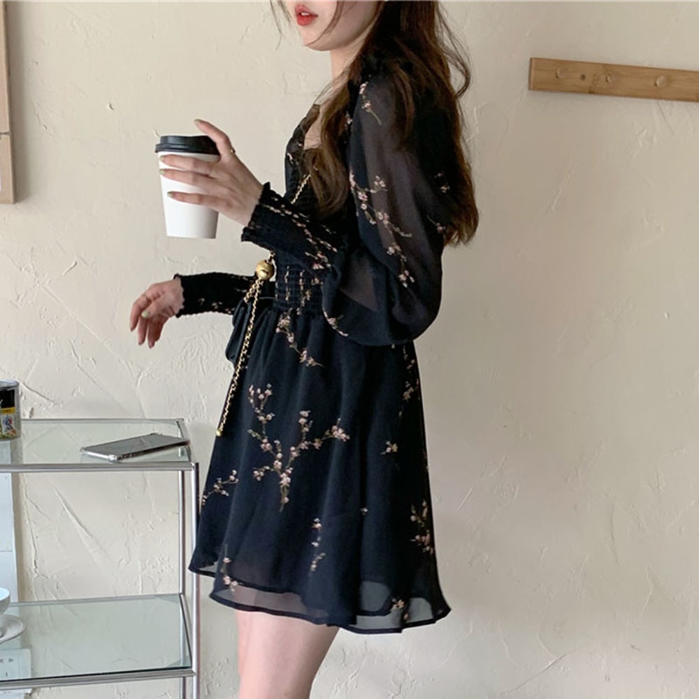 Women Sexy Black Chiffon Dress, Spring Vintage Flower Dress, Long Puff Sleeve Dresses, Korean Casual Mini Vestidos