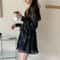 Women Sexy Black Chiffon Dress, Spring Vintage Flower Dress, Long Puff Sleeve Dresses, Korean Casual Mini Vestidos