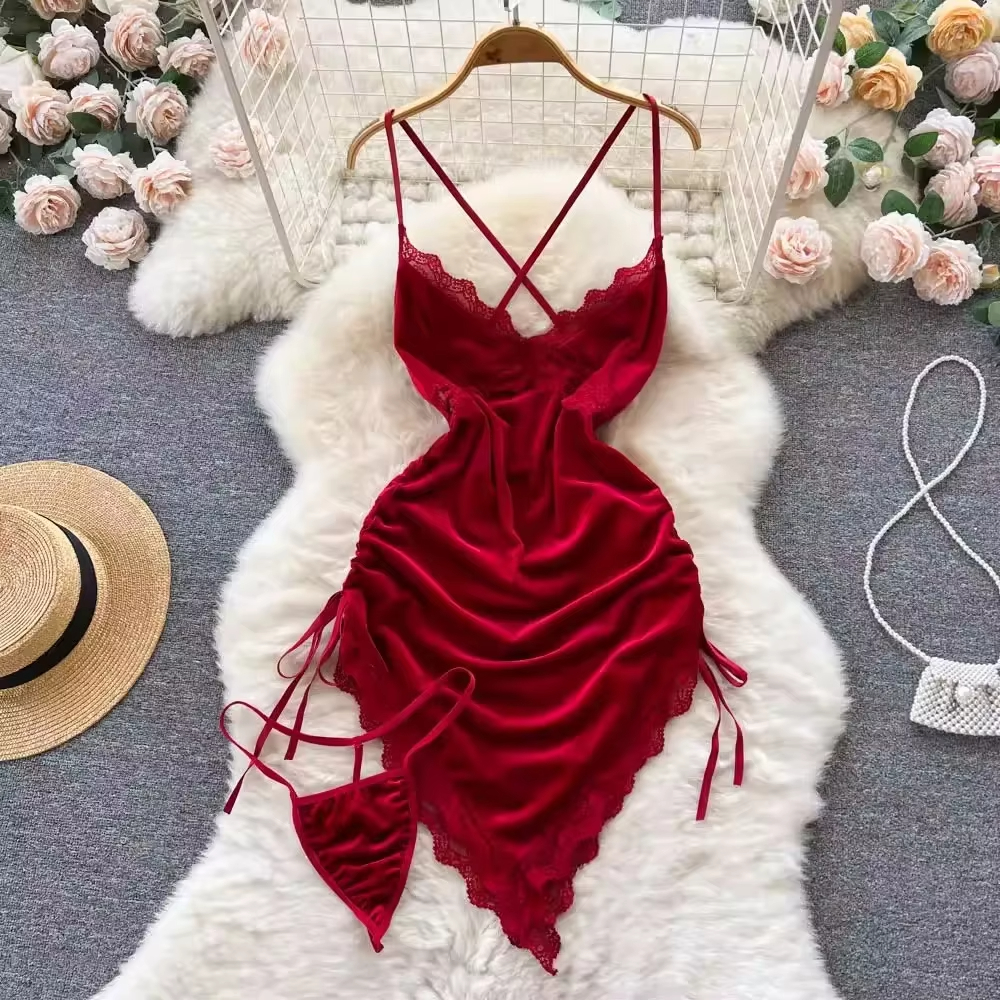 Red Ruched Mini Dress Women Sleeveless Backless Drawstring Spaghetti Strap Bodycon Party Club Dress with Thong