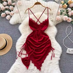 red ruched mini dress women sleeveless backless drawstring spaghetti strap bodycon party club dress with thong