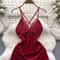 Red Ruched Mini Dress Women Sleeveless Backless Drawstring Spaghetti Strap Bodycon Party Club Dress with Thong