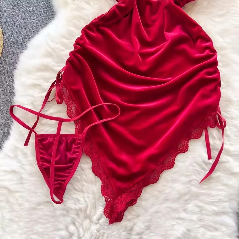 Red Ruched Mini Dress Women Sleeveless Backless Drawstring Spaghetti Strap Bodycon Party Club Dress with Thong