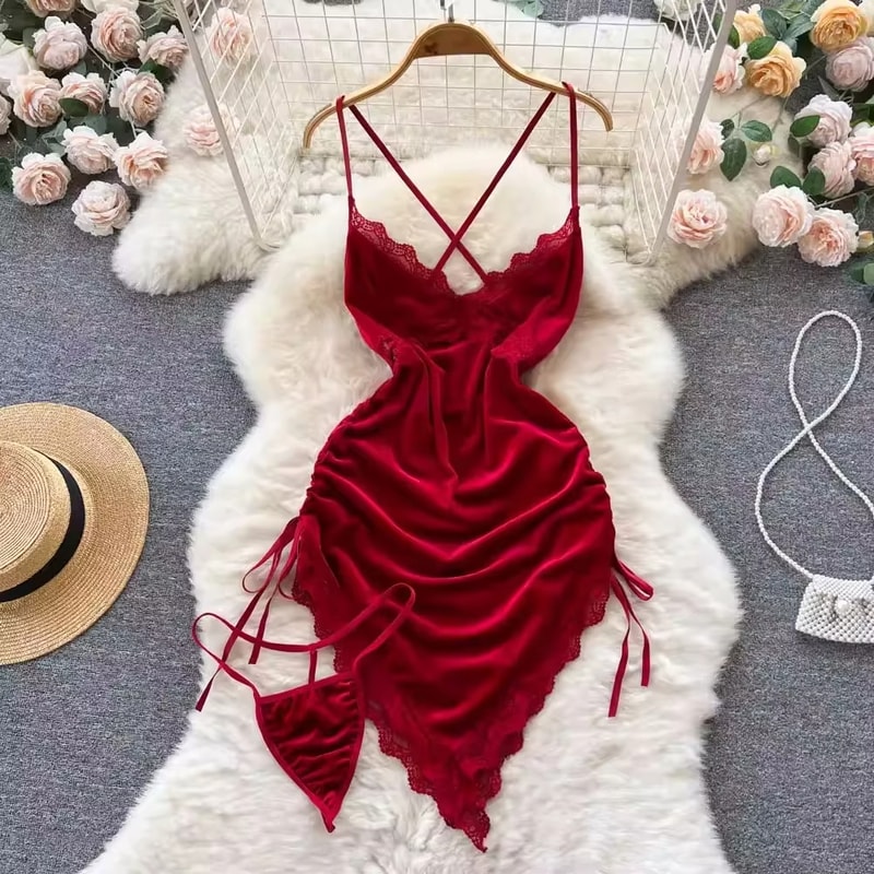 Red Ruched Mini Dress Women Sleeveless Backless Drawstring Spaghetti Strap Bodycon Party Club Dress with Thong