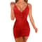 Women's Red Suspender Dress, Pleatch Detail, V-Neck, Backless, Sexy Mini Dress for Club Party