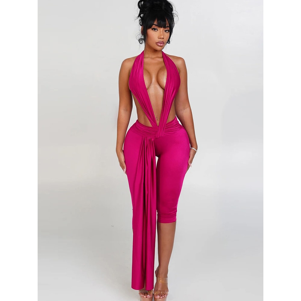 Midnight Activity Slim Playsuits Women Elastic Backless Weird Puss Halter Romper Ribbon Workout Act 2