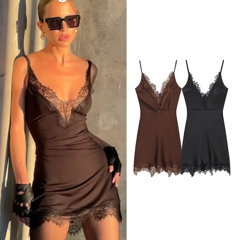 Women Lace Trim Cami Dress, Sleeveless Deep V Neck, Sexy Fashionable Chic Outfit for Stylish Women