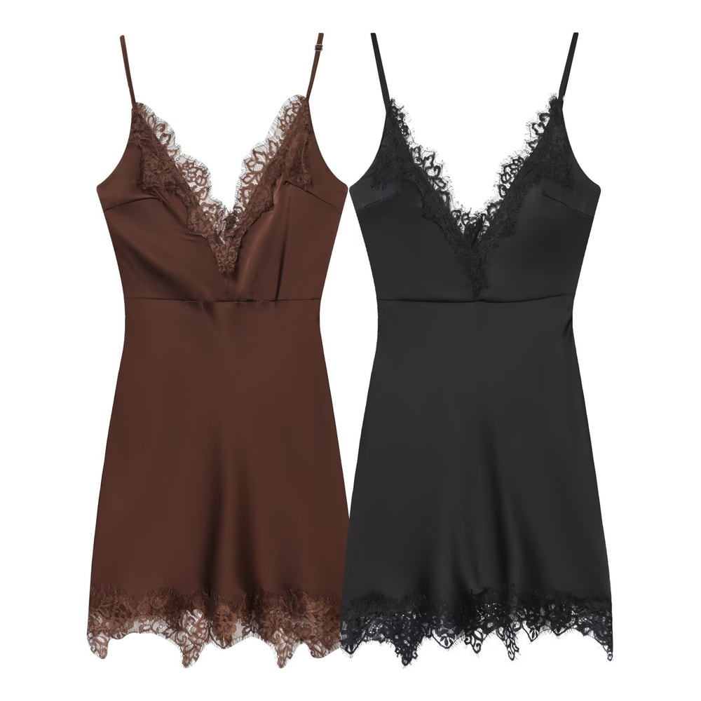 Women Lace Trim Cami Dress, Sleeveless Deep V Neck, Sexy Fashionable Chic Outfit for Stylish Women