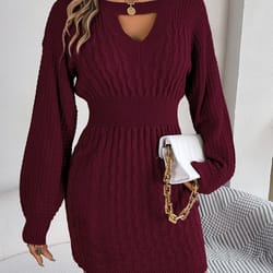 solid color woolen dress for autumn winter with lantern sleeve o-neck knitted dresses women fashion casual