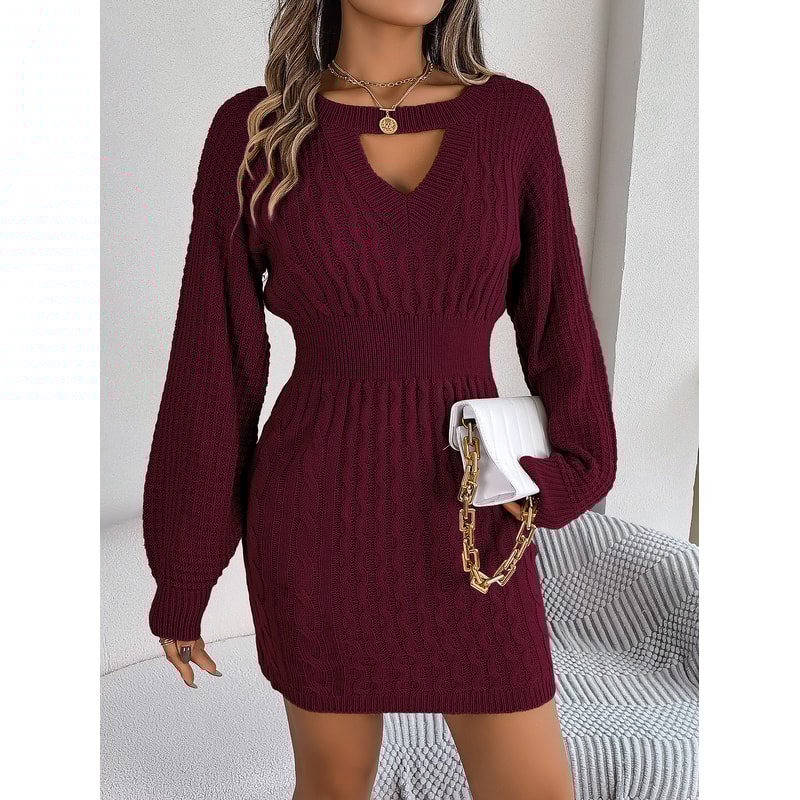 Solid Color Woolen Dress For Autumn Winter With Lantern Sleeve ONeck Knitted Dresses Women Fashion 0