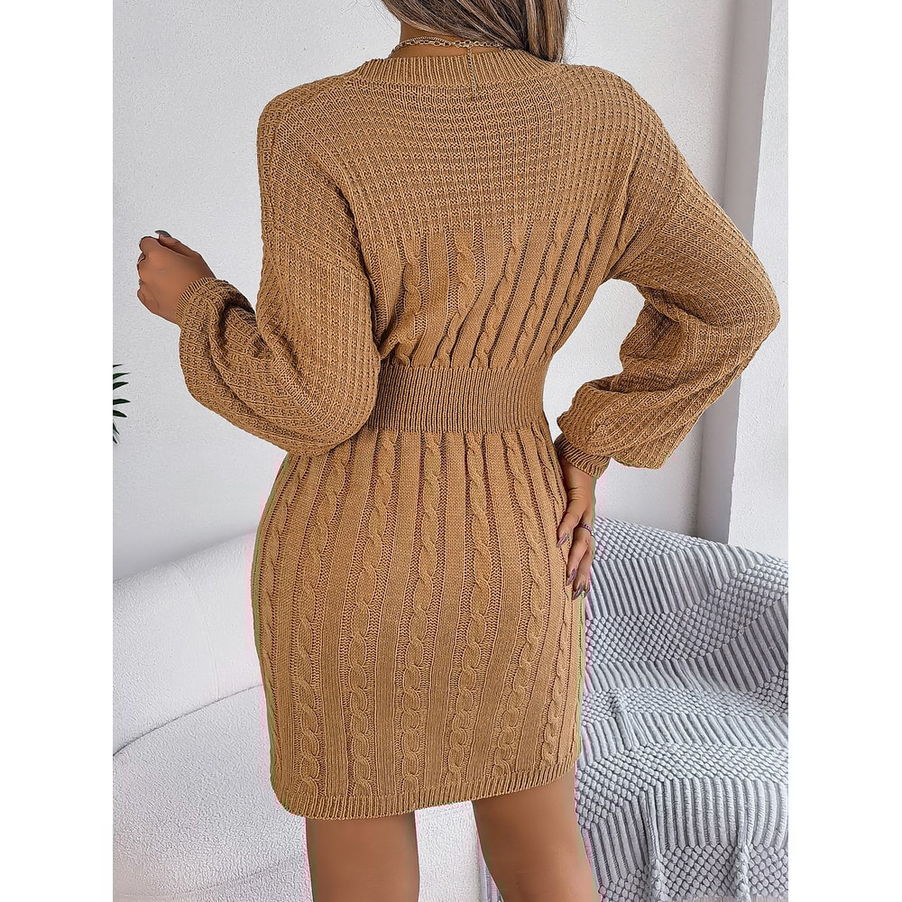 Solid Color Woolen Dress For Autumn Winter With Lantern Sleeve ONeck Knitted Dresses Women Fashion 1