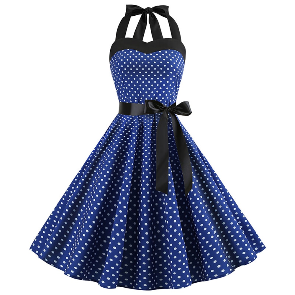 Women Polka Dot Print Summer Dress Sexy Retro White Halter Vintage Robe Femme Pin Up Rockabilly Par 7