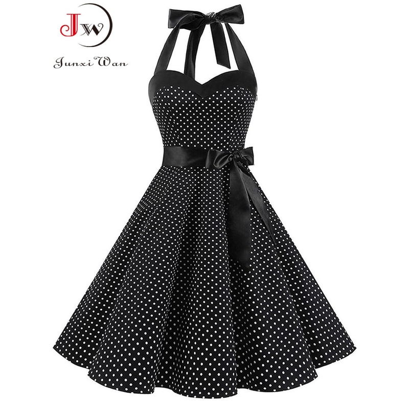 Women Polka Dot Print Summer Dress Sexy Retro White Halter Vintage Robe Femme Pin Up Rockabilly Par 3