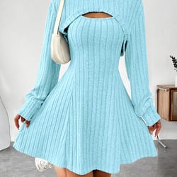 women's ribbed knitted vest dress, short sleeve top, slim fit two-piece set for fall and winter